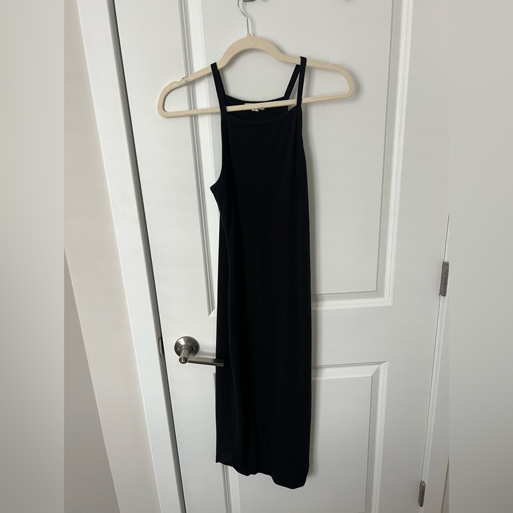 Stretchy black cotton blend high neck midi dress